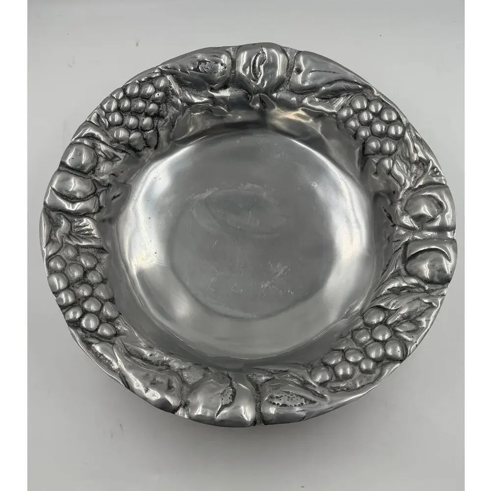 Vintage Solid Mexican Pewter 14-3/4” Fruit Grapes Apples Centerpiece Bowl